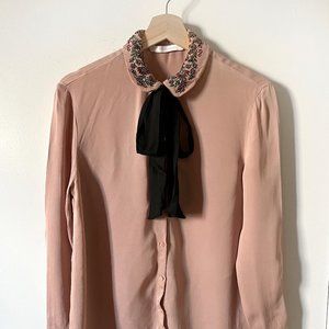 Zara Trafaluc Collection Embellished Collar Ribbon-Tie Blouse (XS)